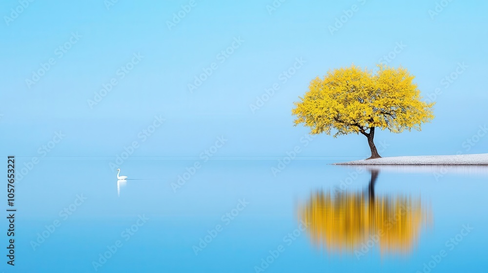 Lonely tree by calm water reflecting a clear blue sky. Lonely tree by calm water reflecting a clear blue sky.