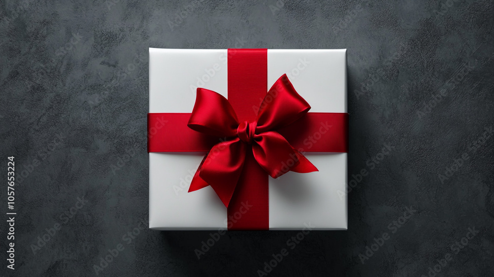 White Gift Box with Red Ribbon Bow on Gray Background White Gift Box with Red Ribbon Bow on Gray Background