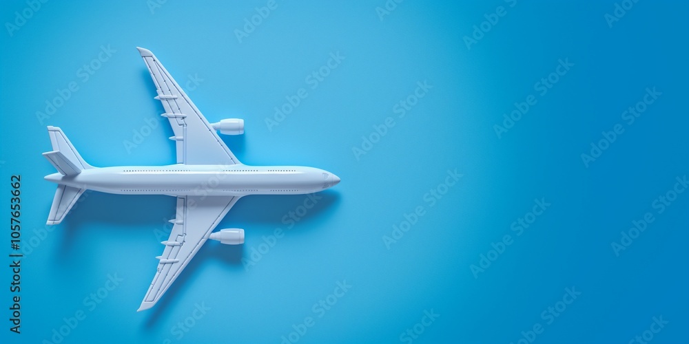 Fototapeta premium Top view of white toy airplane model over the blue color background