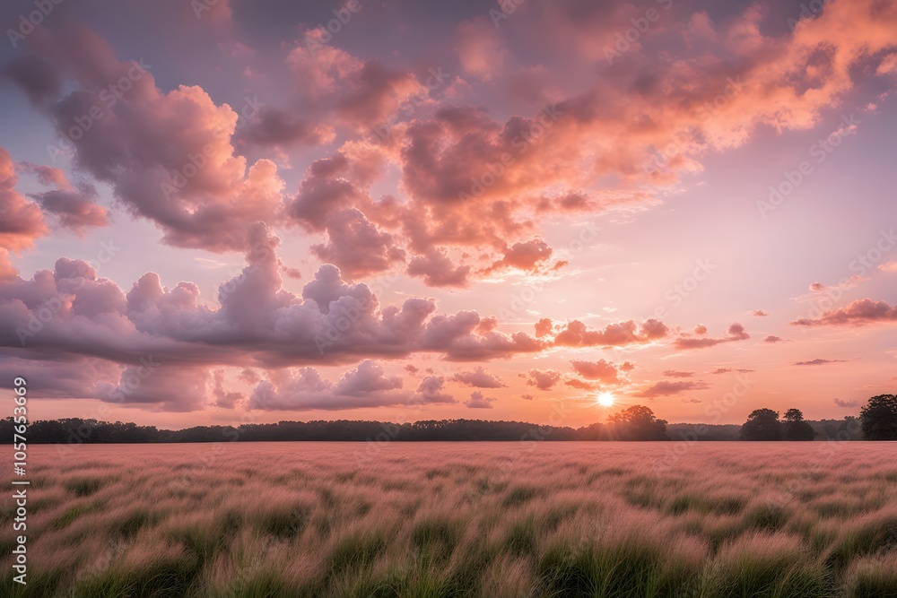 Soft pink and orange sunset over an open field the sky full of fluffy clouds, AI Generated Soft pink and orange sunset over an open field the sky full of fluffy clouds, AI Generated