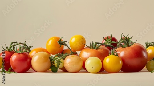 A vibrant arrangement of various tomato types, including Roma and grape tomatoes, on a soft beige background to accentuate their colors. photo