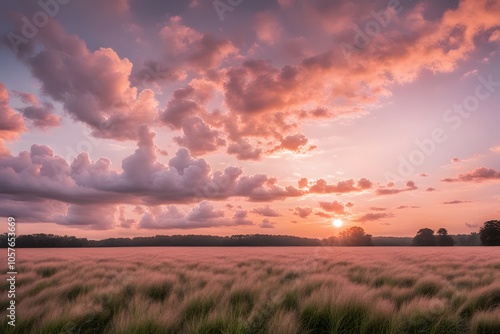 Wallpaper Mural Soft pink and orange sunset over an open field the sky full of fluffy clouds, AI Generated Torontodigital.ca