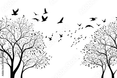 Silhouettes of flying birds over trees, vector illustration in black on a transparent or white background.