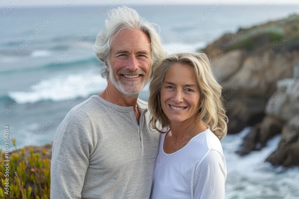 Portrait of a happy caucasian couple in their 60s sporting a long-sleeved thermal undershirt on tranquil ocean backdrop Portrait of a happy caucasian couple in their 60s sporting a long-sleeved thermal undershirt on tranquil ocean backdrop