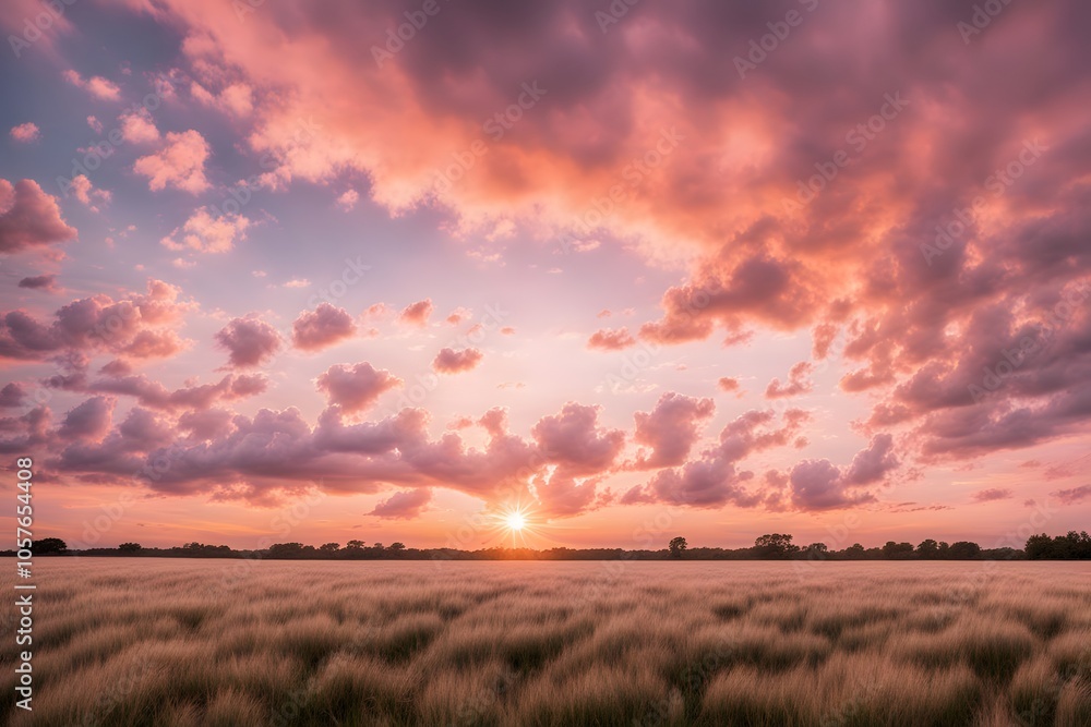 Fototapeta premium Soft pink and orange sunset over an open field the sky full of fluffy clouds, AI Generated