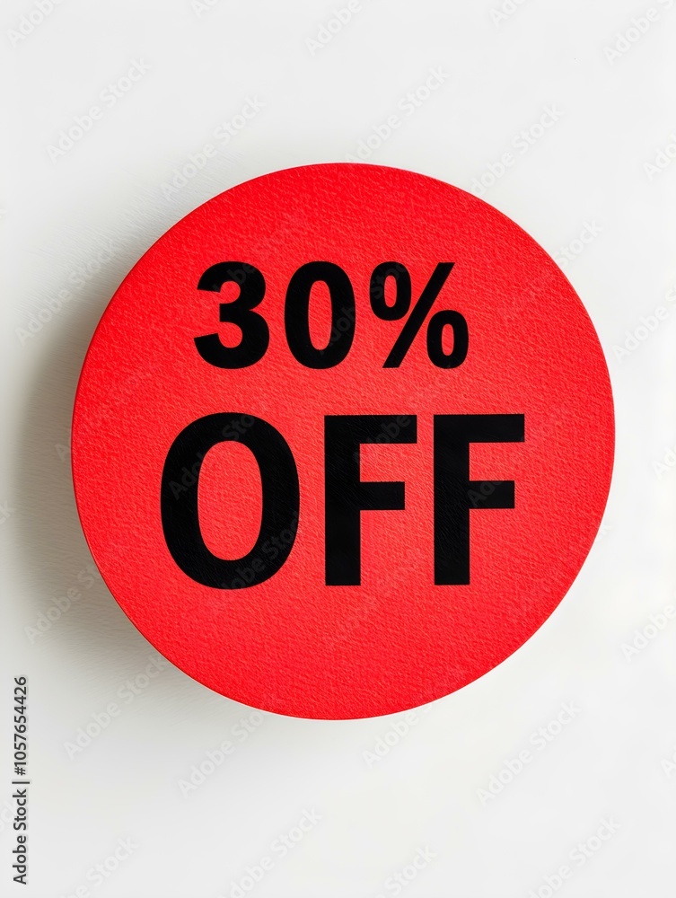 Black '30% OFF' Text on a Red Round Paper Note. White Background Black '30% OFF' Text on a Red Round Paper Note. White Background