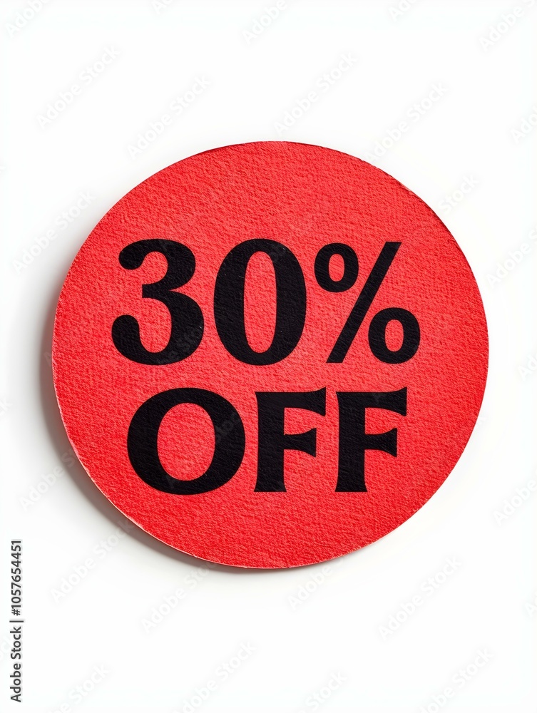 Black '30% OFF' Text on a Red Round Paper Note. White Background Black '30% OFF' Text on a Red Round Paper Note. White Background
