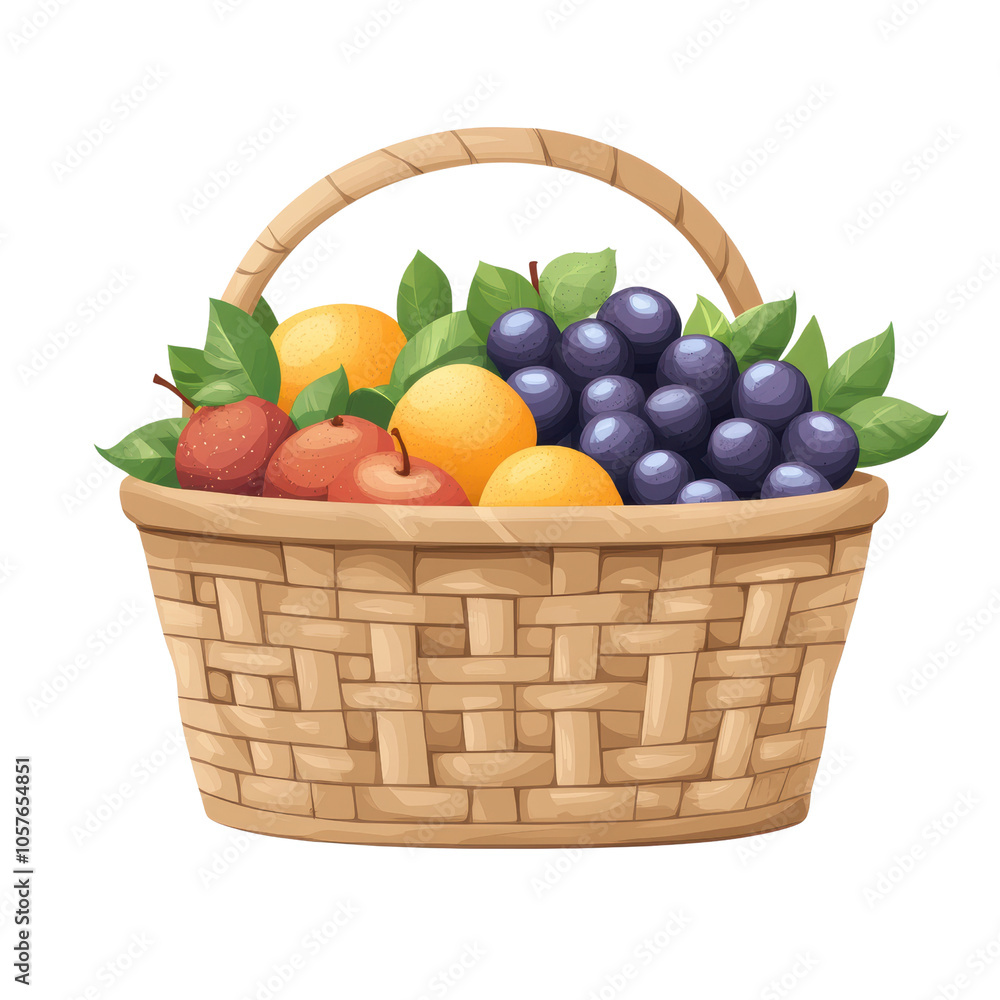 A delightful illustration of a wicker basket overflowing with ripe apples, oranges, and plump grapes, perfect for harvest, healthy eating, or Thanksgiving themes, isolated on transparent background A delightful illustration of a wicker basket overflowing with ripe apples, oranges, and plump grapes, perfect for harvest, healthy eating, or Thanksgiving themes, isolated on transparent background