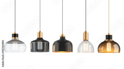 Set of modern hanging ceiling lamps lights isolated on transparent background