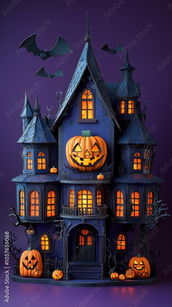 Haunted house with glowing windows surrounded by jack o lanterns and bats on a dark purple background Haunted house with glowing windows surrounded by jack o lanterns and bats on a dark purple background