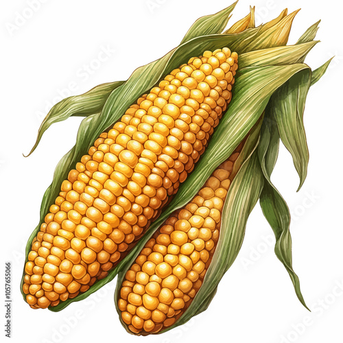 Realistic illustration of two fresh corn cobs with vibrant yellow kernels and green husks. Detailed and lifelike, perfect for food-related designs, agriculture themes, and culinary visuals