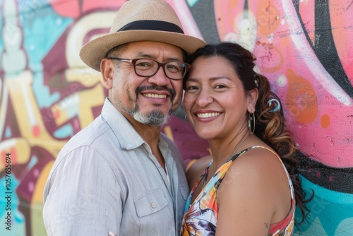 Portrait of a glad latino couple in their 40s donning a classic fedora in front of colorful graffiti wall