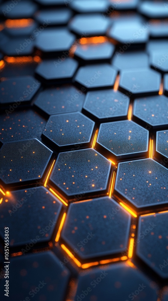 Hexagon shaped panels glowing with orange light on textured surface Hexagon shaped panels glowing with orange light on textured surface