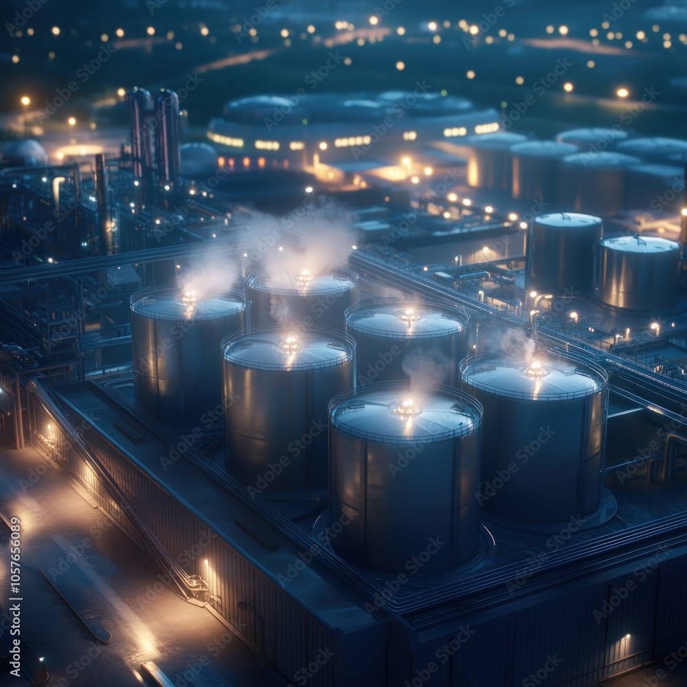 Industrial Landscape at Night Illuminated Storage Tanks and Smoke Emissions Industrial Landscape at Night Illuminated Storage Tanks and Smoke Emissions