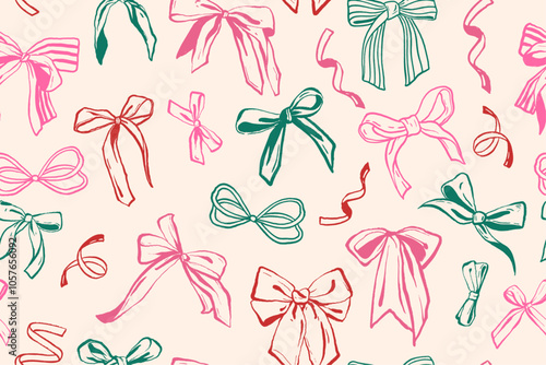 Ribbon bow seamless pattern vector coquettish girly print doodle hand drawn romantic knot background. Feminine holiday accessories texture, vintage cute festive wrapping paper. Celebration bow pattern