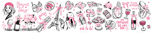 Paris doodle set, vector hand drawn French food kit, coquettish girly croissant, baguette, macaroons. Feminine line eatery illustration, wine bottle glass, ribbon bow. Paris doodle woman hat portrait