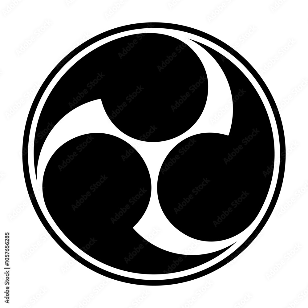 Left threefold Mitsudomoe, Japanese tomoe symbol with border. Swirl of 3 commas or tadpoles, circumscribed in a circle. Widely used for or emblems, banners, rituals, festivals and in Shinto shrines. Left threefold Mitsudomoe, Japanese tomoe symbol with border. Swirl of 3 commas or tadpoles, circumscribed in a circle. Widely used for or emblems, banners, rituals, festivals and in Shinto shrines.