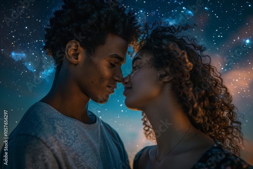 Portrait of a tender mixed race couple in their 30s dressed in a casual t-shirt on sparkling night sky