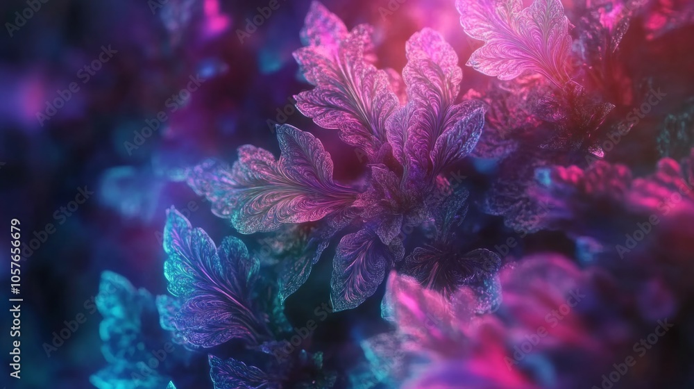 The leaves and vines twist and multiply in perfect fractal symmetry, glowing with neon colors--pinks, blues, and green. The leaves and vines twist and multiply in perfect fractal symmetry, glowing with neon colors--pinks, blues, and green.