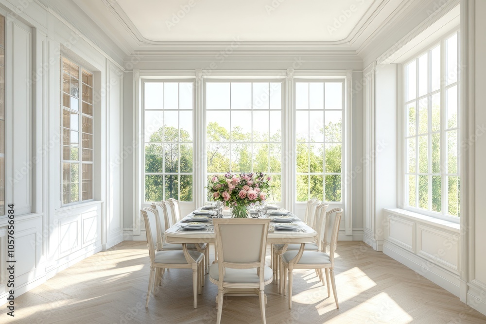 Elegant Dining Room with Natural Light and Floral Centerpiece Elegant Dining Room with Natural Light and Floral Centerpiece