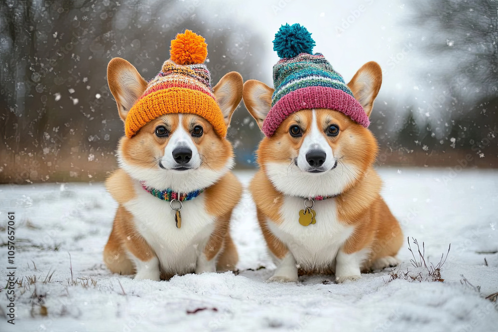 Two cute corgi dogs walk in the snow in the forest in winter wearing knitted hats Two cute corgi dogs walk in the snow in the forest in winter wearing knitted hats