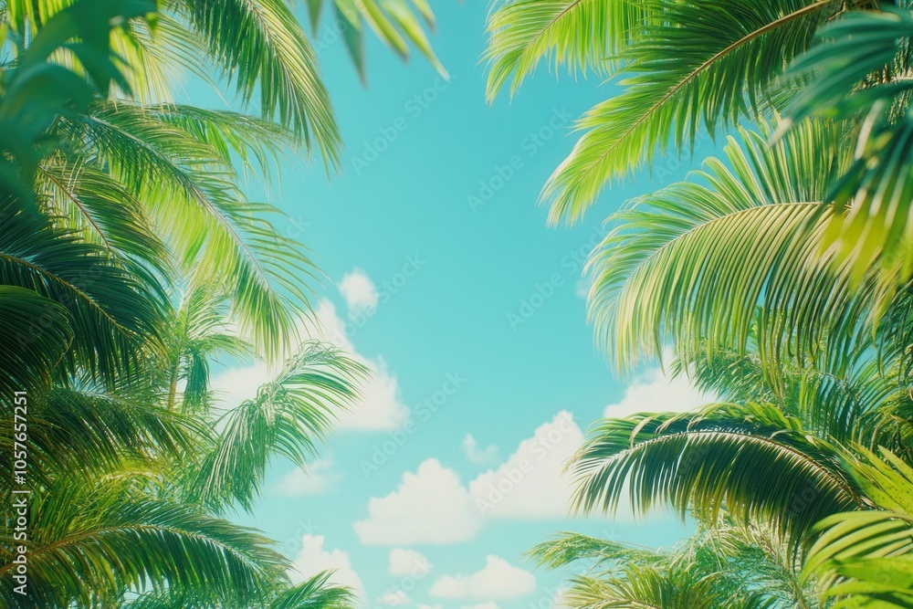 Tropical Scene with Lush Palm Leaves and Clear Sky Tropical Scene with Lush Palm Leaves and Clear Sky