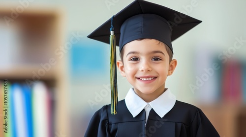 Young boy wearing a black graduation cap and gown