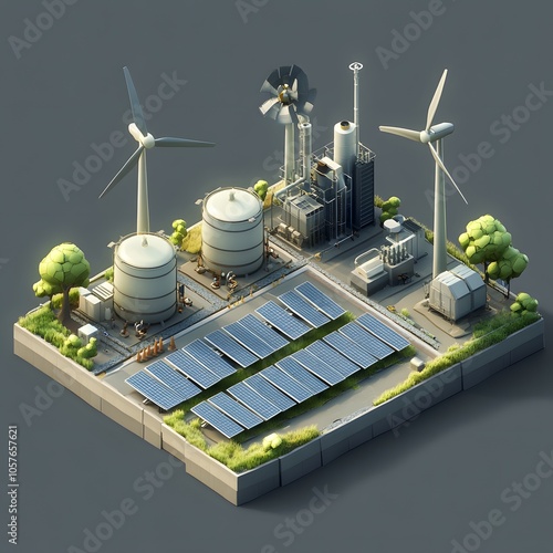 Create an isometric 3D scene focused on green energy. include three modern wind turbines with sleek, realistic blades and tall towers. feature three solar panel arrays with reflective surfaces arrange