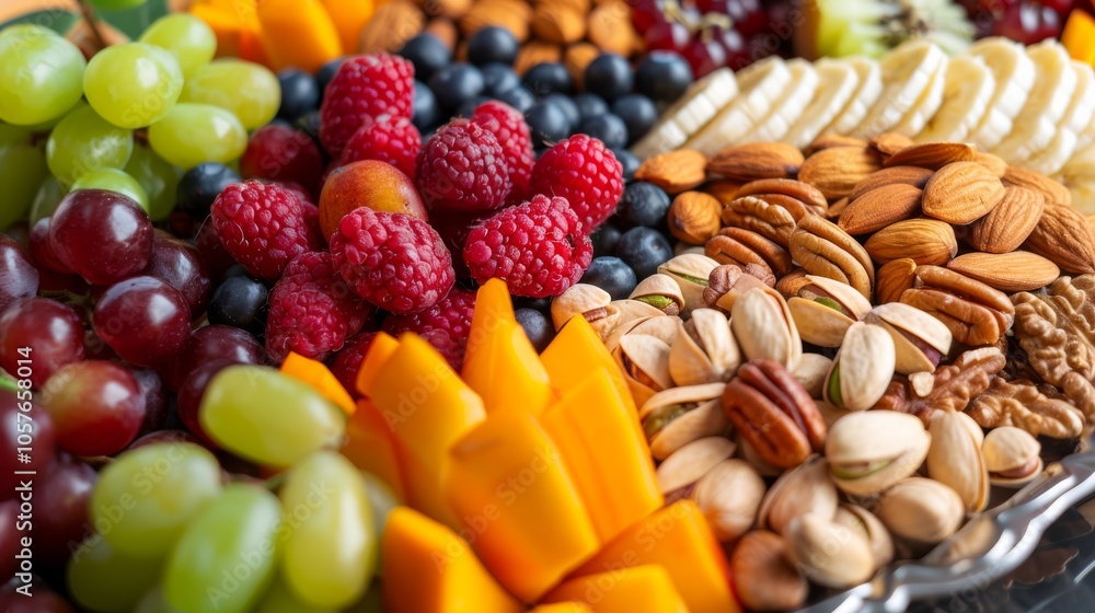 Assorted fruit and nut tray, elegant presentation, nutritious snacks Assorted fruit and nut tray, elegant presentation, nutritious snacks