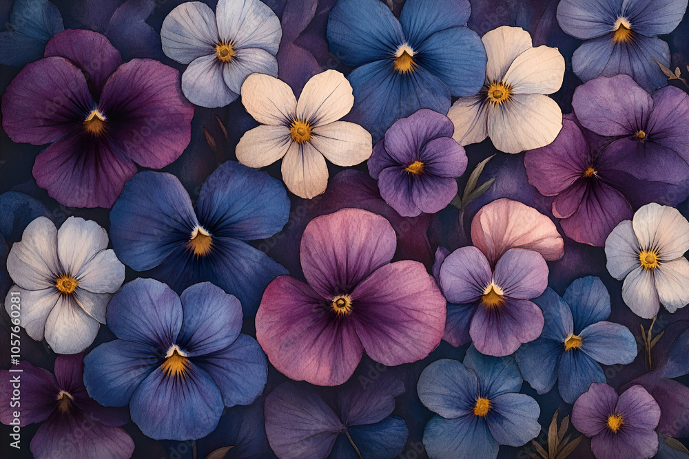 A vibrant array of pansy flowers in shades of blue, purple, and white, creating a colorful and elegant floral pattern. A vibrant array of pansy flowers in shades of blue, purple, and white, creating a colorful and elegant floral pattern.