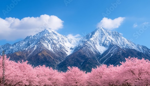 A beautiful view of a mountain range with a snowy peak and blooming cherry blossoms in the foreground.