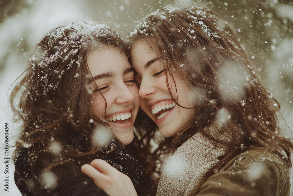 Two women standing very close to each other, looking at each other's faces, hugging, laughing. Female friendship. Portrait of two women outdoors in winter Two women standing very close to each other, looking at each other's faces, hugging, laughing. Female friendship. Portrait of two women outdoors in winter