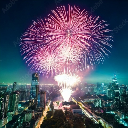 Beautiful fireworks display over a cityscape