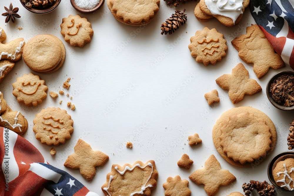 Festive cookies and american flag border with pine cones and spices Festive cookies and american flag border with pine cones and spices