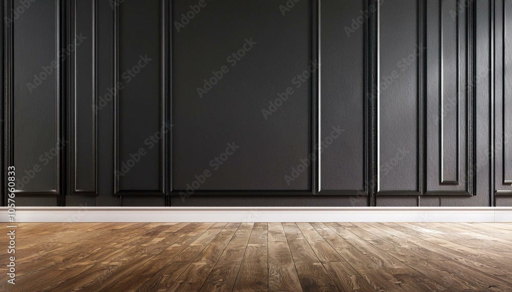 Modern empty interior with black molding and wooden floor. 3D Rendering Modern empty interior with black molding and wooden floor. 3D Rendering
