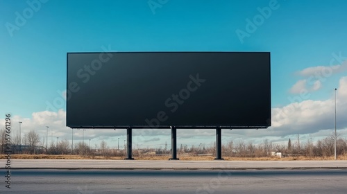 Billboard background showcasing a sleek, black advertising panel in an industrial area with a clear, sunny day and minimal surrounding activity. photo