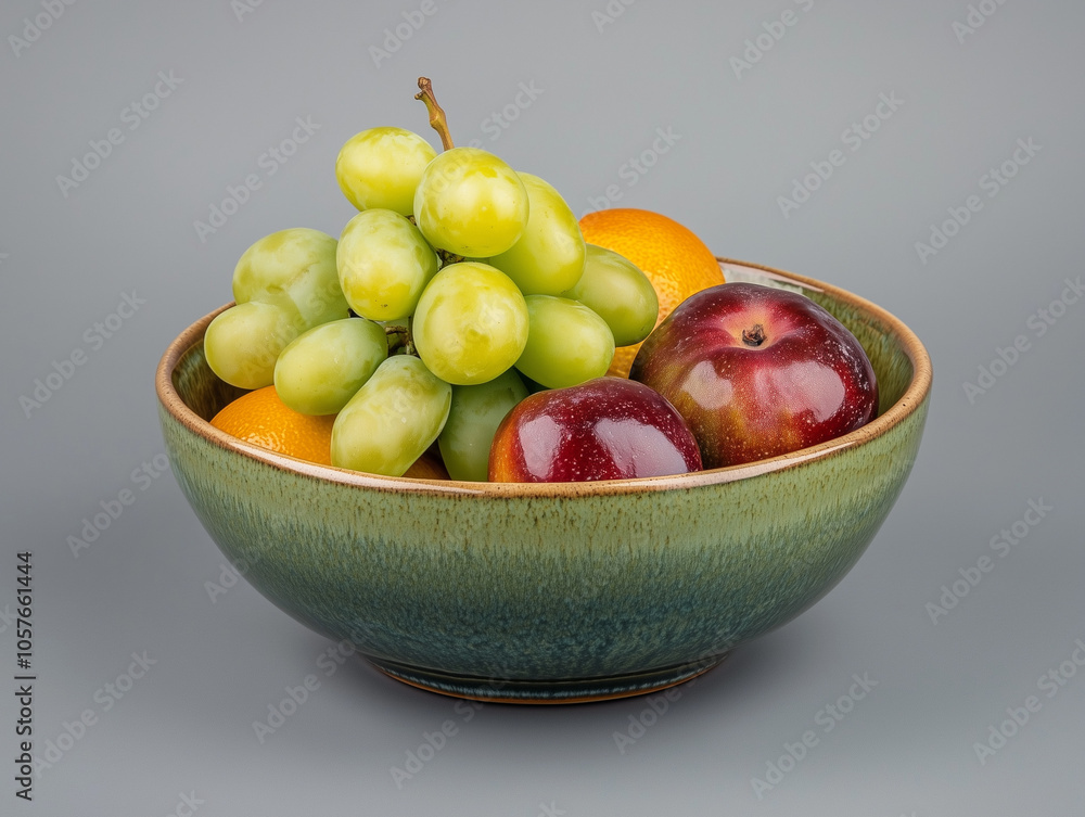 Mixed fruits in a ceramic bowl isolated on gray background Mixed fruits in a ceramic bowl isolated on gray background