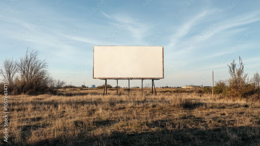 Obraz premium Billboard background with a clean, white canvas in a rural setting, surrounded by open fields and a clear, expansive sky.