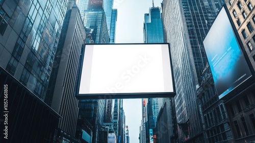 Billboard background with a simple, white space for promotional content, framed by tall buildings and a bustling urban environment.