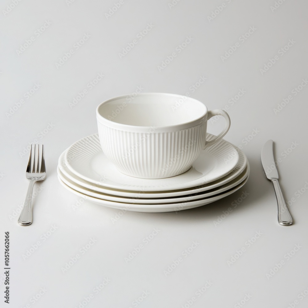White dishware set including plates, fork, knife, and cup on white isolated background. White dishware set including plates, fork, knife, and cup on white isolated background.