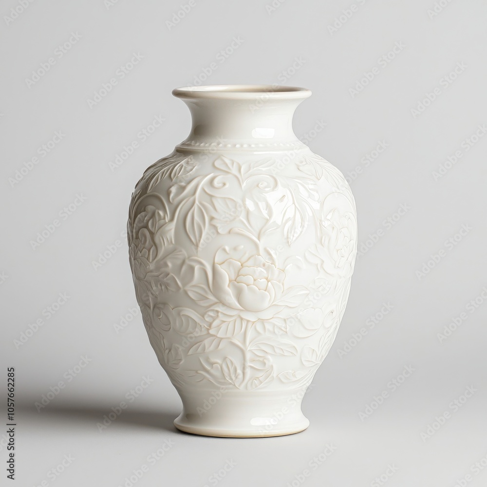 Elegant white vase with floral patterns against a white background. Elegant white vase with floral patterns against a white background.