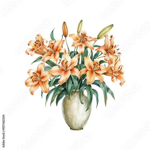 lily flowers on vase vector illustration in watercolor style