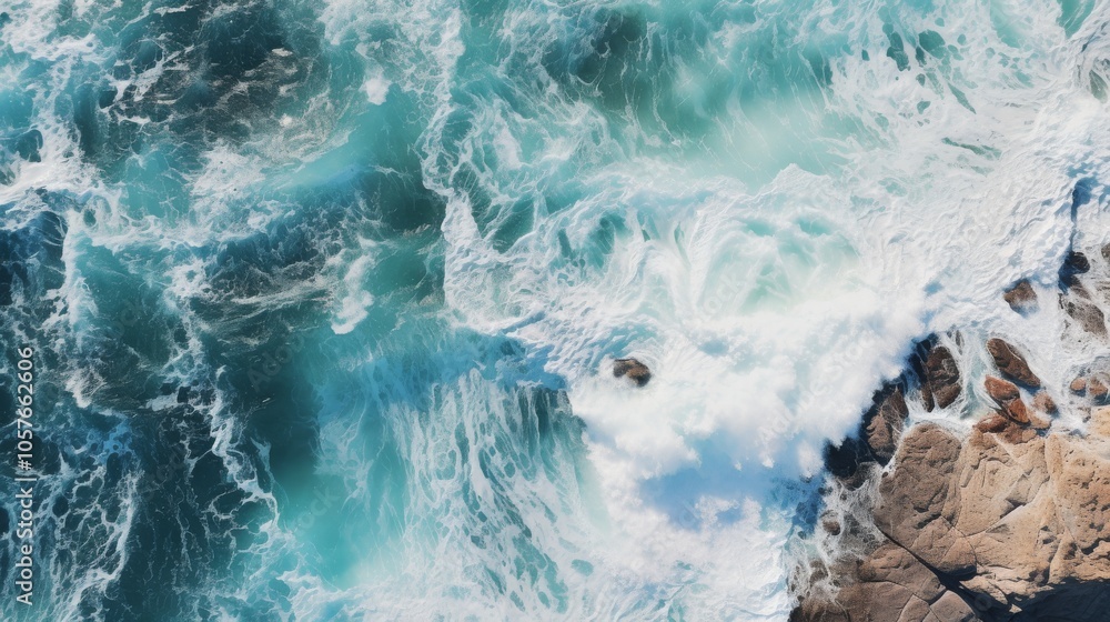 Obraz premium Bird's-eye shot of ocean waves striking rocky shore, churning white waves