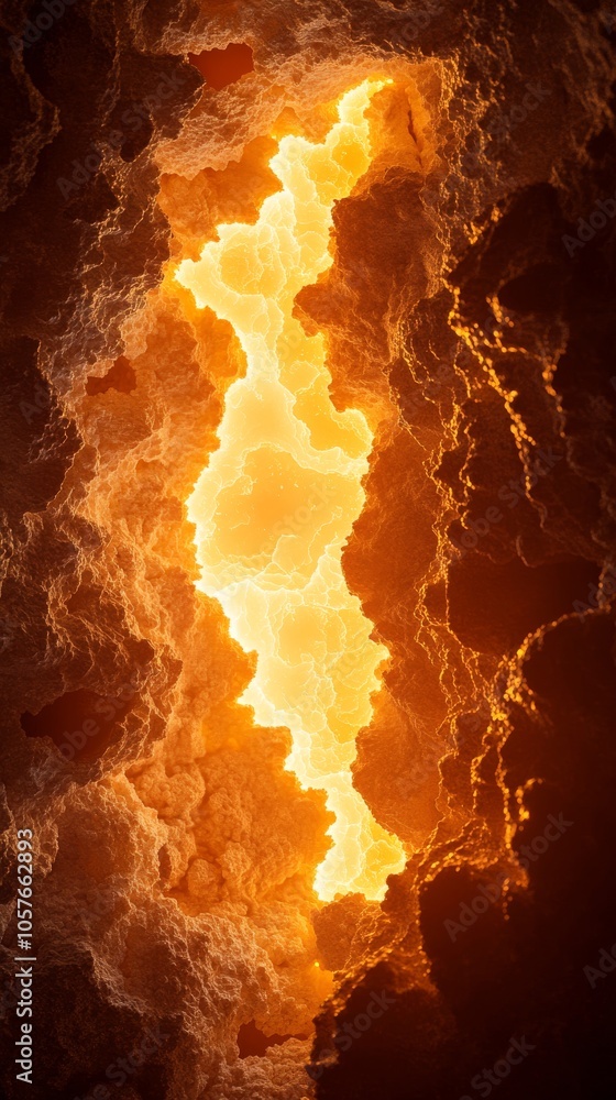 Molten rock glowing in the center of a crack in the earth with dark orange rock surrounding it . Molten rock glowing in the center of a crack in the earth with dark orange rock surrounding it .