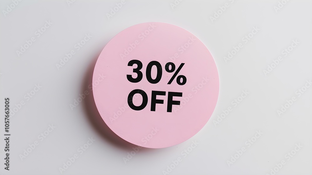 Black '30% OFF' Text on a Blush Round Paper Note. White Background with Copy Space Black '30% OFF' Text on a Blush Round Paper Note. White Background with Copy Space