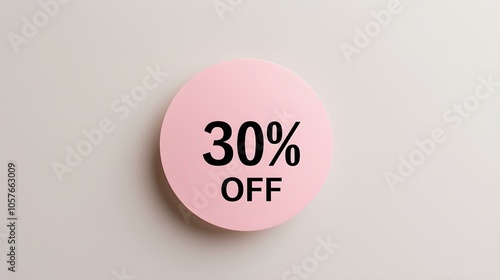 Black '30% OFF' Text on a Blush Round Paper Note. White Background with Copy Space