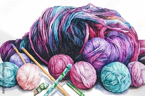 Colorful Knitting Supplies and Yarn Balls on Table photo