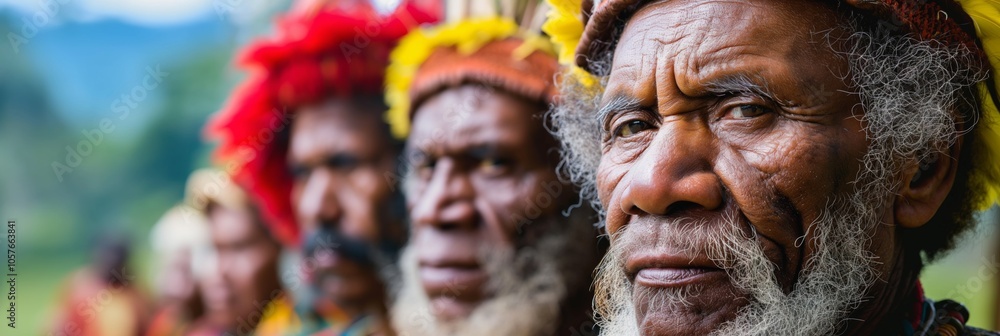 A group of men wearing colorful headdresses and beaded necklaces stand in a line A group of men wearing colorful headdresses and beaded necklaces stand in a line