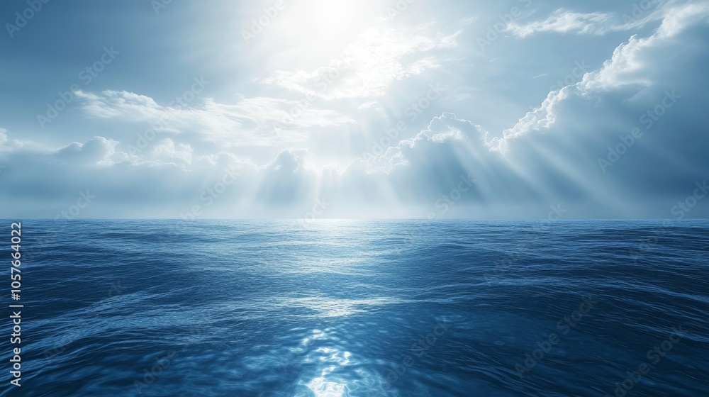 Sunlit ocean paradise, clouds and sunbeams illuminate deep blue water, serene seascape Sunlit ocean paradise, clouds and sunbeams illuminate deep blue water, serene seascape