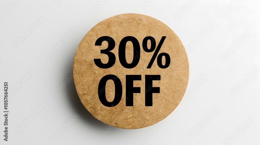 Black '30% OFF' Text on a Dark Brown Round Paper Note. White Background with Copy Space Black '30% OFF' Text on a Dark Brown Round Paper Note. White Background with Copy Space